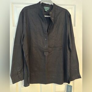 Lauren Ralph Lauren Black Linen Quarter Button-Up Tunic Blouse size 14 NWT